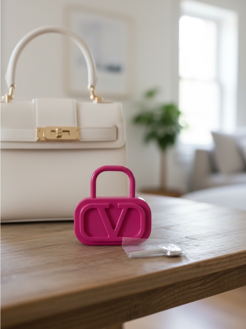 Authentic Valentino Hot Pink "V" Logo Mini Bag lock with key/Charm